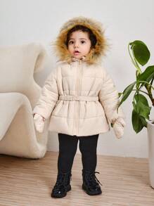 SHEIN Baby Girl Warm Thermal Lined Hooded Jacket With Fluffy Collar And Glove Set (Gloves Included), Khaki, Autumn/Winter