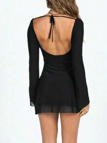 Backless Tie-Back Simple Short Casual Shirt Dress, Long Sleeve - Black - View 5