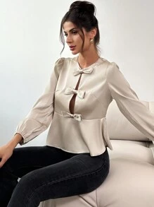 SHEIN Privé Camisa de manga larga con corbata de moño linda - Albaricoque - Ver 6