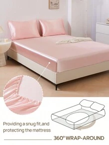 2/3pcs Solid Color Satin Fitted Sheet,1pc Satin Fitted Sheet+1/2pcs Satin Pillowcase Soft Breatheable Wrink-Free Better For Sleep, Luxury Hotel Style, Gift, For All Size Bed -Twin, Full, King, Queen Size Sheet 14inch/35cm Deep Pocket, Machine Washable - Baby Pink - View 6
