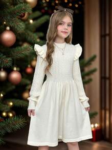 Tween 女童休闲粗针织提花圆领盖袖腰部收褶长袖连衣裙，优雅淑女，四季皆宜