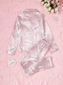 SHEIN 2 件套女童可爱时尚粉色字母心形图案斜纹面料翻领开衫和裤子舒适休闲家居服套装 - 粉色 - 查看 2