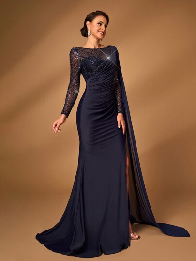 Serin Elegant Luxury Beaded Sheer Mesh Long Sleeve Ruffled Cuff Slit Fish Tail Dress With Train, Suitable For Weddings, Bride/Mother Of Bride GownsEvening Dress