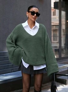 SHEIN Casual oversized trui met diepe V-hals en dubbele uitlopende mouwen