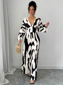 RosyDaze 女式褶皱不对称黑白印花连体裤，腰带高腰阔腿宽松休闲工作连体裤 - 黑與白 - 查看 5