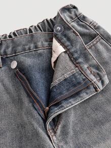 SHEIN Girlism Jeans anchos de pierna ancha de mezclilla vintage con lavado retro y cintura asimétrica, estilo Y2K para niña preadolescente, ropa de otoño para volver a la escuela - Azul lavado oscuro - Ver 4