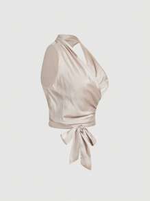 SHEIN MOD Áo ba lỗ thắt nút chéo lưng màu mơ cổ điển cỡ lớn dành cho nữ - Màu be - Xem 5