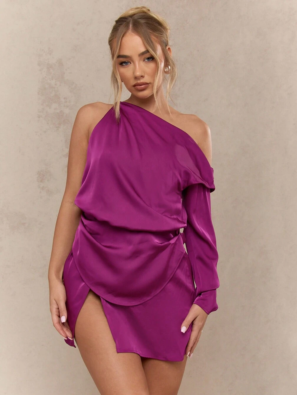 missguided asymmetric dress One Shoulder Drape Mini With Side Split｜ MISSGUIDED COLOR:Camellia Stretch All Women Clothing High Cover 2025 w16 PrettyLittleThing Women's Halterneck Contrast