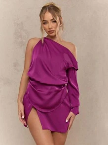 MISSGUIDED 单肩不对称垂褶迷你连衣裙，长袖缎面，适合派对、晚宴、特殊场合，修身剪裁，侧开衩，褶皱细节，优雅假日冬季装扮 - 紫色 - 查看 1
