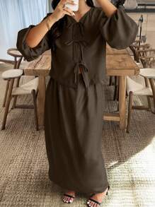 Calvaya Plus Size 2Pcs Set Casual Solid Color Lantern Sleeve Tie Waist Top And Skirt, Autumn Fall Cloth For Women - Coffee Brown - View 3