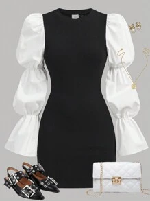 SHEIN Girlism Teen Girls' Black & White Color Block Round Neck Puff Sleeve Bodycon Mini Dress, Elegant For Commuting, Outing & Party - Black and White - View 3