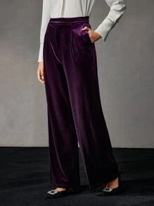 MOTF PREMIUM VELVET SOLID SLANT POCKET WIDE LEG SUIT PANTS - Purple - View 9