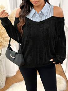 SHEIN Frenchy Áo nỉ hở vai kẻ sọc thường ngày cỡ lớn - màu đen - Xem 6