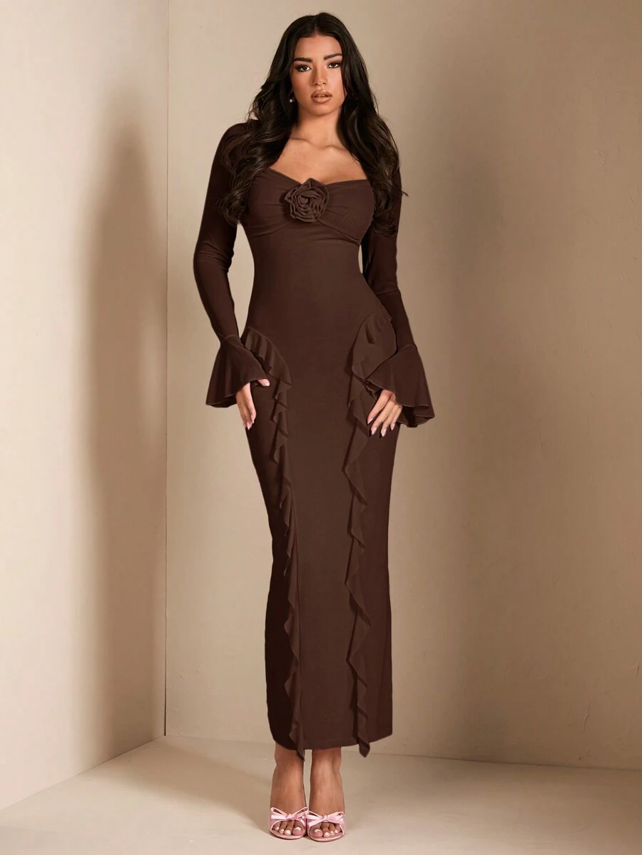 SHEIN BAE Váy trang trí hoa 3D xếp nếp thanh lịch, thích hợp cho những buổi hẹn hò bình thường, tụ họp, tiệc tùng, mùa thu - Cà phê nâu - Xem 1