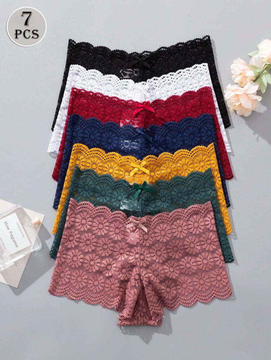 7 件套花卉蕾丝设计女式性感平角裤，多色内衣