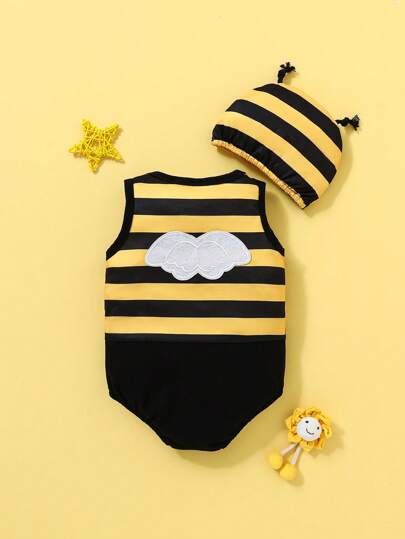 SHEIN Playful Pals Baby Boy Striped Print Patched Detail Bodysuit & Hat