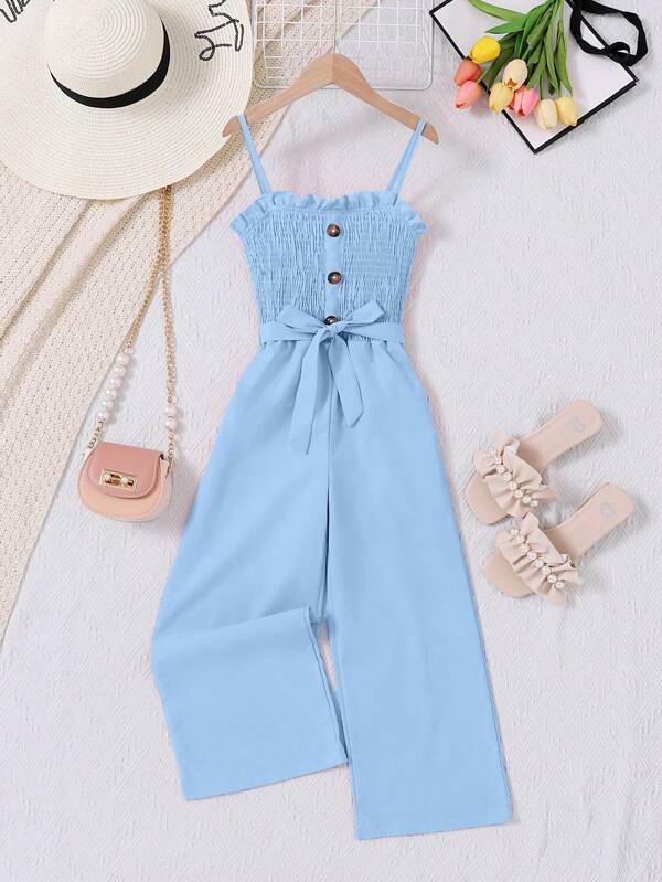 Tween Girl Solid Color Spaghetti Strap Front Button Placket Minimalist Casual Jumpsuit Summer Holiday