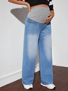 SHEIN Maternity Loose Wide Leg Jeans, Blue - Blue - View 1