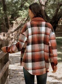 1 pièce Veste à carreaux multicolores matelassée avec de vraies poches pour femmes Lanawest - Acajou - Voir 2