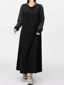 Mulvari Women Casual Leopard Patchwork Drawstring Hooded Sweatshirt Dress Suitable For Autumn Pullover Fall Outfit - Black - View 7