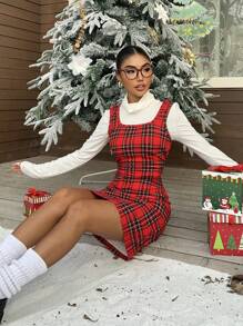 Muchica 女士新款圣诞高领白色T恤和红色格子吊带裙套装衣服 - 紅色 - 查看 1