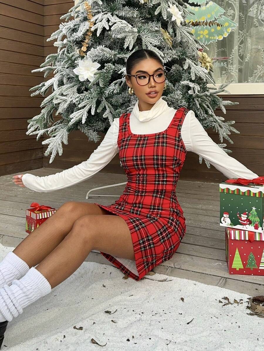 Muchica 女士新款圣诞高领白色T恤和红色格子吊带裙套装衣服 - 紅色 - 查看 1