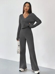 SHEIN EZwear Autumn And Winter 2pcs/Set Women V-Neck Button Decor Contrast Color Long Sleeve Top And Knitted Long Pants Sweater Suit - Dark Grey - View 3