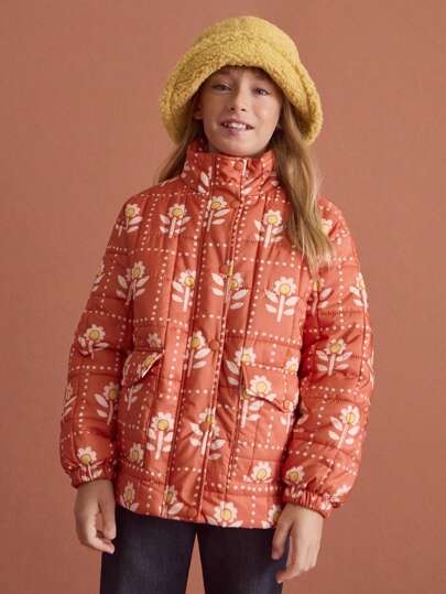 SHEIN Abrigo acolchado de manga larga con cuello alto, bolsillo y estampado floral rojo, informal para uso diario, para niñas preadolescentes, otoño/invierno