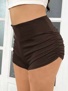CovetEZ Plus Size Casual Sports Solid Color Ruched Fitted Shorts - Chocolate Brown - View 1