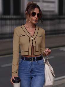 SHEIN Clasi Striped Trim Button Front Crop Cardigan - Camel - View 5