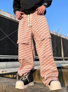 Manfinity Hypemode Men's Casual Street Style Full Graphic Print Drawstring Waist Loose Wide Leg Pants - Khaki - View 8