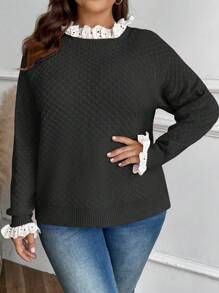 SHEIN Clasi 大码女式撞色荷叶边长袖休闲毛衣，秋冬针织套头衫 - 黑色 - 查看 6