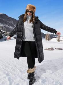 SHEIN EZwear Women's New Autumn And Winter Casual Hooded Loose Black Mid-Length Down& Feathers Jacket, 70 Cashmere - Black - View 5