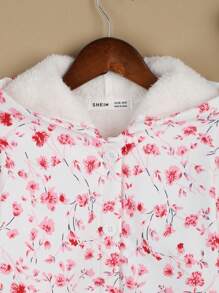 Tween Girl Casual Floral Pattern Fleece Hoodie Jacket, Autumn/Winter - White - View 3