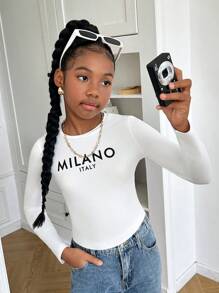 SHEIN Tween Girl Letter Graphic Cropped Crew Neck Long Sleeve Tight T-Shirt, Suitable For Spring, Autumn And Winter