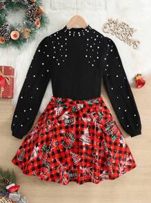 SHEIN 2pcs/Set Tween Girls Stand Collar Beaded Tight-Fitting T-Shirt And Plaid Bow-Tie Mini Skirt, Christmas - Red - View 1