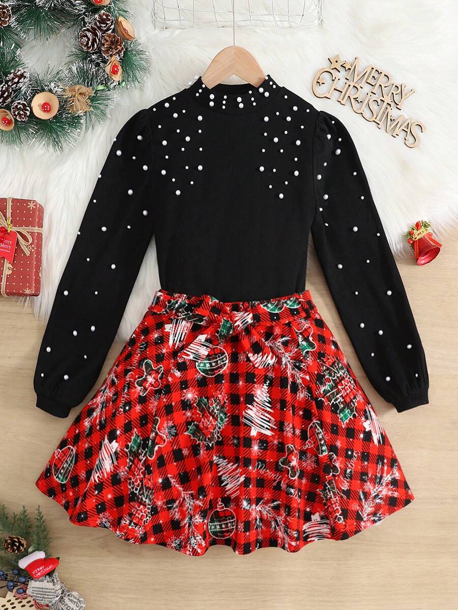 SHEIN 2pcs/Set Tween Girls Stand Collar Beaded Tight-Fitting T-Shirt And Plaid Bow-Tie Mini Skirt, Christmas - Red - View 1