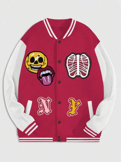 Street Life Chaqueta casual de béisbol de manga larga con estampado de letras y labios para hombre, streetwear de otoño