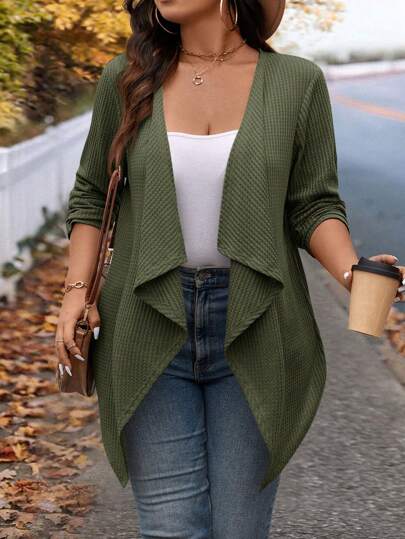 SHEIN VCAY Große Größen Mode Winterkollektion Asymmetrischer Wasserfallkragen Design Lange Strickjacke für Ausgehen und Arbeit