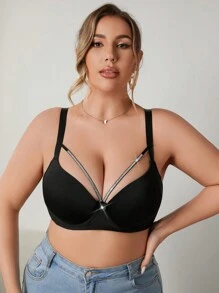 1pc Women Plus Size Minimalist Solid Color Gather Spliced Strap Underwire Bra