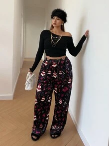 Flirla Plus Size Women Christmas Adorable Home Thickened Straight Leg Patterned Leggings, For Winter