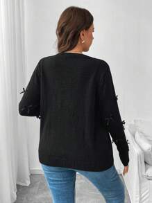 Flirla 大码纯色圆领蝴蝶结装饰修身长袖针织开衫 - 黑色 - 查看 2