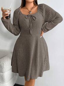 Vionelle 大码女式纯色前系带插肩袖罗纹休闲中长连衣裙，秋季 - 摩卡棕 - 查看 1