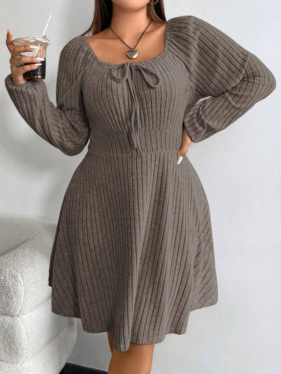 Vionelle 大码女式纯色前系带插肩袖罗纹休闲中长连衣裙，秋季 - 摩卡棕 - 查看 1