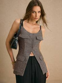 Poéselle Women's Herringbone Pattern Slit Hem Elegant Cami Top