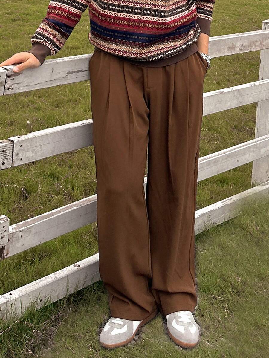 DAZY Pantaloni casual largi pentru bărbați, de culoare uni, plisați, pentru toamnă