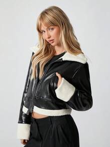 Muchica 1 chiếc áo khoác dài tay có túi lót lông mềm mại, màu trơn, khóa kéo phía trước - màu đen - Xem 1