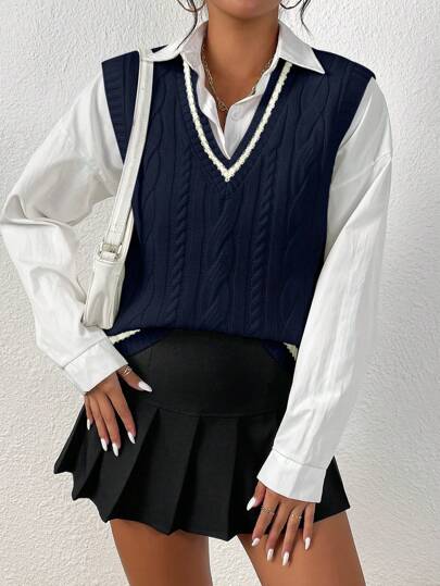 Chiquease Women Casual Contrast Color Edge Wide Strap Knit Sweater Vest, Autumn