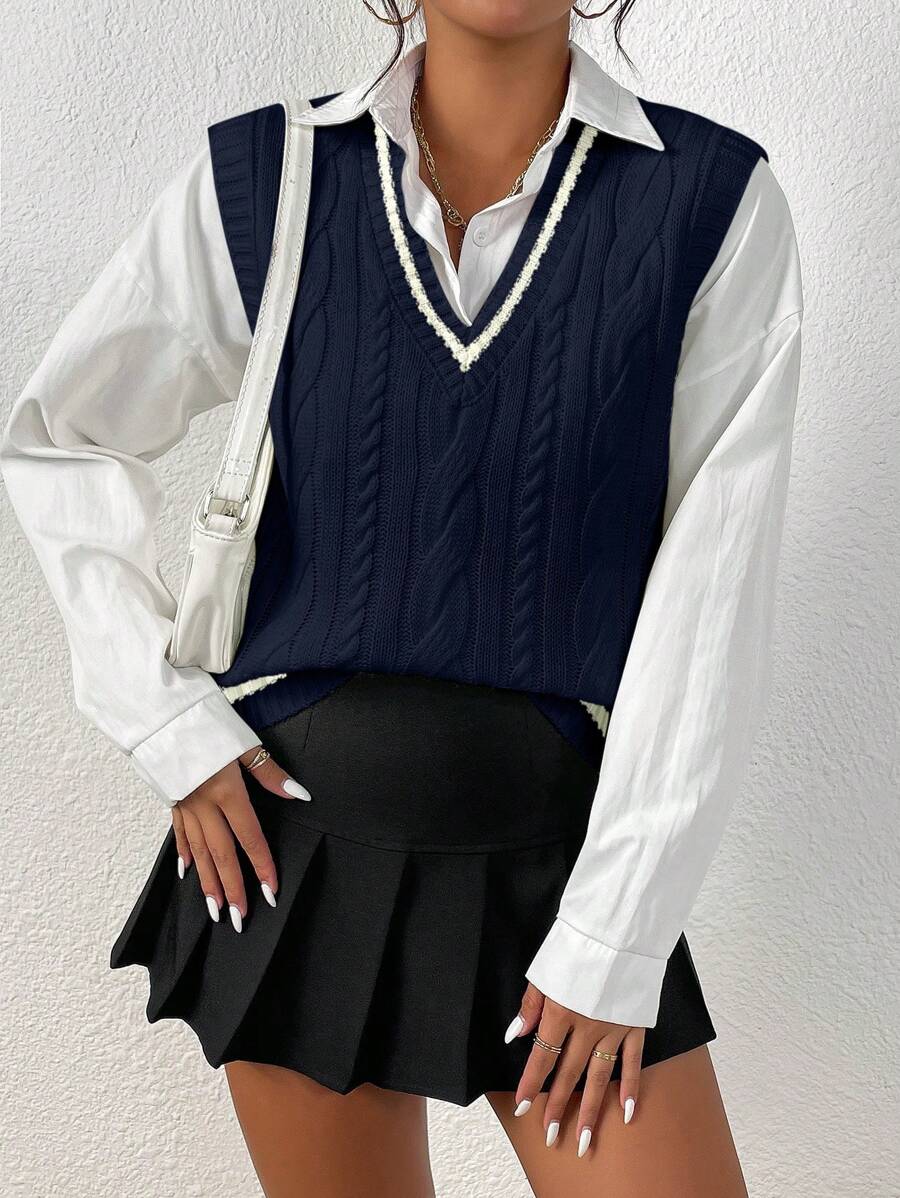 Chiquease 女士休闲撞色边宽肩带针织毛衣背心，秋季 - 寶藍色 - 查看 1