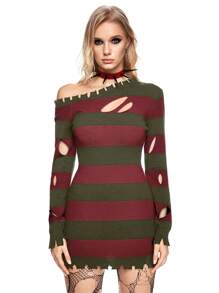 ROMWE Grunge Punk Asymmetric Neckline Oversized Striped Ripped Long Pullover Sweater, Fashionable For Autumn - Multicolor - View 4